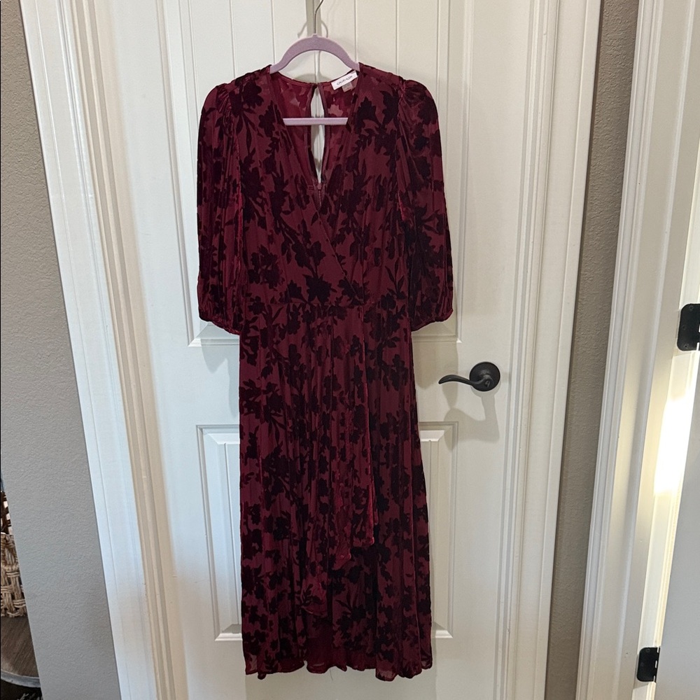 Calvin Klein Deep Burgandy/wine Floral Midi Dress